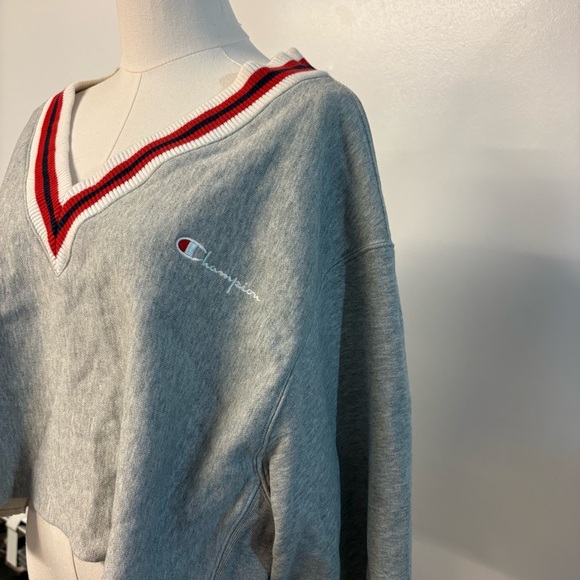 Champion Gray V-Neck Sweater with Red and White Accents Cropped - Picture 2 of 5